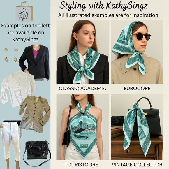 Vintage Italian Venezia Scarf 30 Inch Square Turquoise White Academia Style - Picture 7 of 12